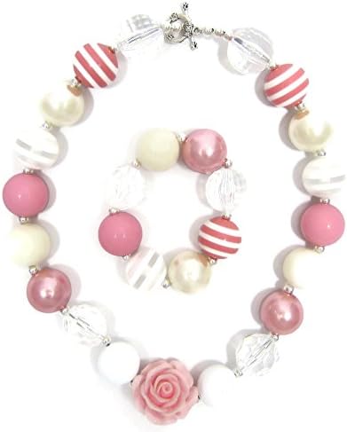 Girls Chunky Pendant Bubblegum Bead Necklace Choose Your Favorite Princess, Charm or Character (Pink Rose with Bracelet)