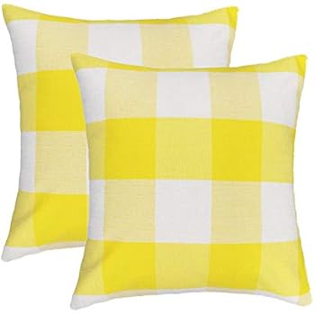 4TH Emotion Set of 2 Yellow and White Buffalo Check Plaid Throw Pillow Covers Cushion Case Cotton Linen for Sofa, 18 x 18 Inches