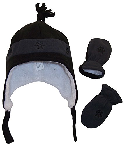 N'Ice Caps Little Boys and Baby Sherpa Lined Micro Fleece Pilot Hat Mitten Set (6 - 18 Months, Black/Charcoal Infant)