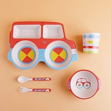Munchkin Land Bamboo Fiber Kids Food Lunch Dinner Set Creative Cartoon car Shape 5pcs Spoon, Fork, Glass, Bowl & Plate Fiber Dinner Sets eco-Friendly for Kids - Assorted Colours and Designs