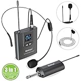 Wireless Headset Lavalier Microphone System and Handheld Dynamic Microphone Set-3in1, 160 ft Range, 1/4' Plug, for PA Speaker, Amp, Mixer, Podcast, Fitness Instructor, Youtube, DSLR Camera, Teaching