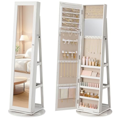 SONGMICS Schmuckschrank, Spiegelschrank, mit Ganzkörperspiegel, um 360° drehbar, Schmuckaufbewahrung, abschließbar, mit Schlüsseln, Schlafzimmer, Gesc