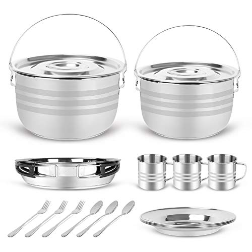 Odoland 15pcs Camping Cookware Mess Kit, Stainless Steel Camping Cooking Pots Pan with Base Cook Set for 3, Plates, Cups, Forks and Spoons for Camping, Hiking, BBQ and Picnic