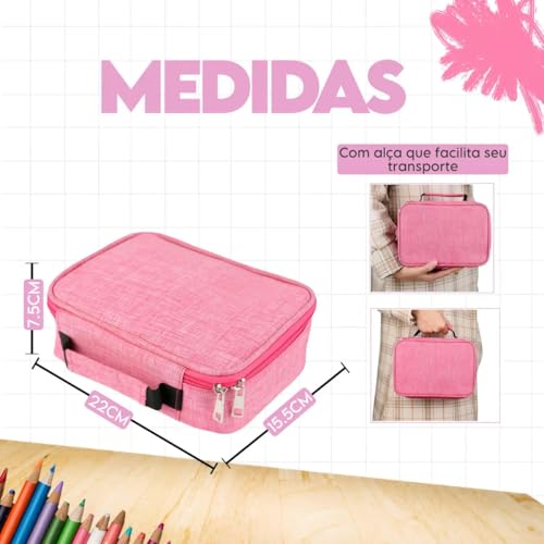 Estojo Escolar Box Organizador 72 Divisórias Grande com Alça Porta Canetas e Lápis Case Escolar Multifuncional Removível Premium (Rosa)