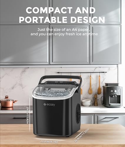ecozy Ice Maker Machine Countertop, 9 Ice Cubes in 6 Mins, 12KG in 24Hrs, 2 Sizes of Ice, Self-Cleaning with Ice Bags, Scoop, and Basket for Kitchen, Office, Bar, Party