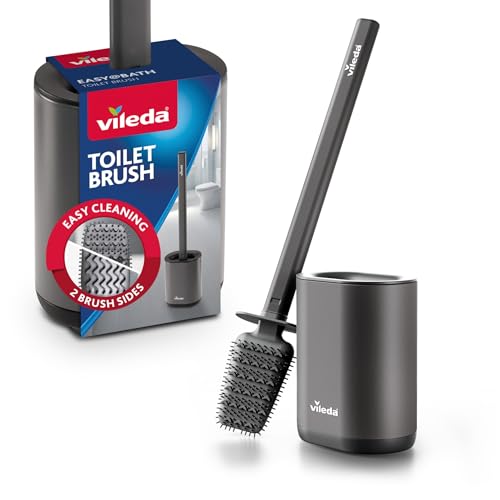 Vileda Silicone Toilet Brush with Flex Head and Stainless Steel Handle – 2-in-1 Cleaning Zones – Hygienic Quick-Drying Odour-Proof Rustproof Toilet Brush and Holder Set, Grey
