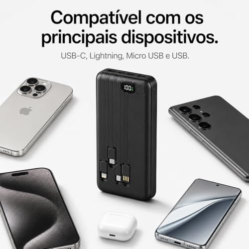 Power Bank Carregador Portátil Universal 20000mAh com Cabos Integrados USB-A, USB-C (Type-C), Micro-USB e USB-Light Carregamento Rápido Bateria Externa Compacta para Celular Android iOS(preto)