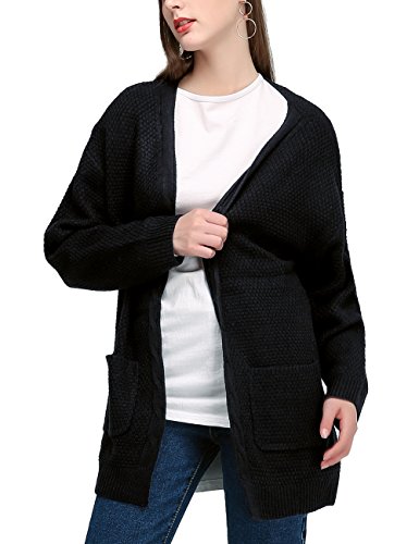 JCBABA Cardigan Sweater For Women, Women's Boho Long Sleeve Casual Open Front Knit Cardigan Sweater Outerwear With Pocket (XL, Black) - Thumbnail 2