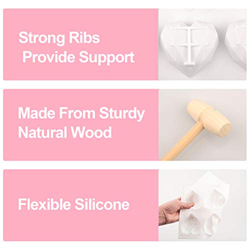 Diamond Heart Cake Mold Silicone Bakeware, Love Shaped Chocolate Molds, 2 Pieces Wooden Hammers, Non-Sticky Dessert Cookie Mold for Home Kitchen Valentine Mother\'s Day DIY Baking Tools