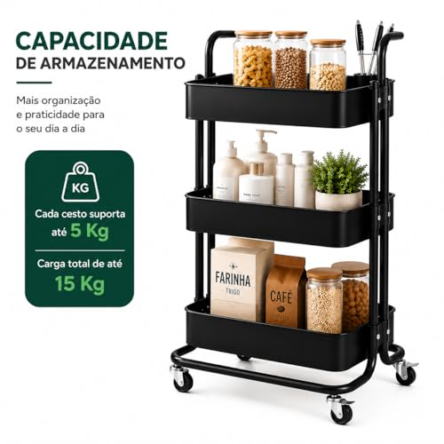 Carrinho Organizador Multiuso 3 Prateleiras com Rodinhas | Estrutura em Aço Carbono e Cestos em Plástico resistente.