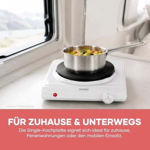 Kochplatte für Küche, Büro oder Camping, kleine Herdplatte mit stufenloser Temperatureinstellung, Campingkocher für einen Topf, weiß, single, 1.500 W, KP 1091