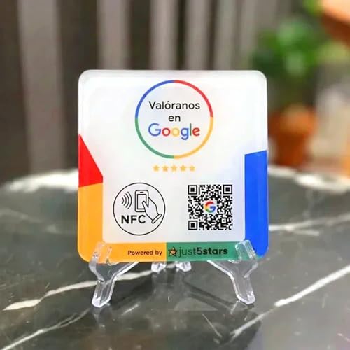 just5stars - Google Reviews Poster - NFC and QR - No Subscriptions - 12cm x 12cm - Includes sticker and stand.