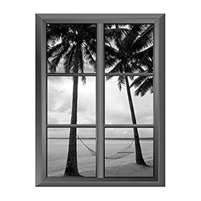 Wall26 Removable Wall Sticker/Wall Mural - Tropical Beach and The Hammock in Black and White - Creative Window View Vinyl Sticker - 24"x32"