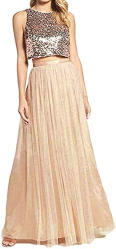 CIRCLEWLD Short/Long Two Piece Bridesmaid Dresses with Sleeves Sequins Top Tulle Skirt Plus Size Prom Gown B76