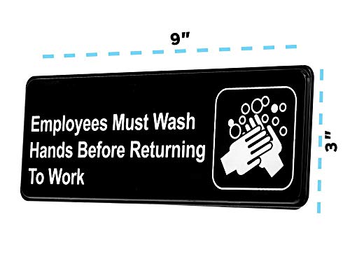 Alpine Industries Employees Must Wash Hands Before Returning to Work Sign - Self Adhesive Black Plastic Employee Hand Washing Wall/Door Sign for Restaurants & Businesses