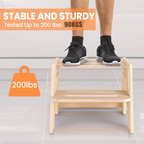 Adjustable 2-Step Toddler Step Stools, Wooden Kid Potty Training Stool for Bathroom Sink, Kitchen, Bedroom, Natural 38 * 33 * 31Cm