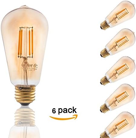 GMY Lighting 6Pack Led Light Bulb Filament Edison Vintage Style 120V E26 3.5W Amber Glass ST19 2200K Warm White