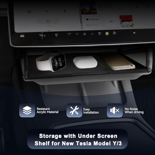Under Screen Storage for Tesla 2025-2026 Model Y Juniper & 2024-2026 Model 3 Highland, Open and Close Center Console Organizer Tray with Anti-Slip Silicone Pad for New Tesla Model 3 Model Y Accessorie
