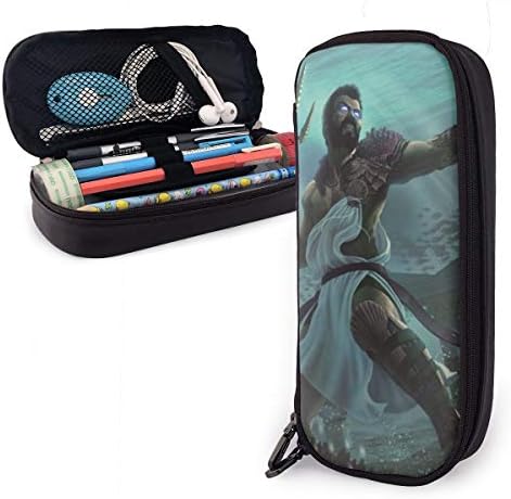 UKFaaa Leather Pencil Case,Greek Mythology God Of Sea Poseidon Underwater Fighting Zippered Pen Case Stationery Bag Zipper Pouch Pencil Holder