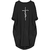 Rfecccy Women's Faith Oversize Baggy Long Sleeve T Shirt Causal Loose Midi Dresses with Pockets