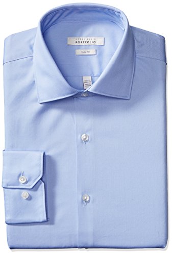 Perry Ellis Men's Slim Fit Wrinkle Free Solid Twill Dress Shirt with Adjustable Collar, Light Blue, 15.5