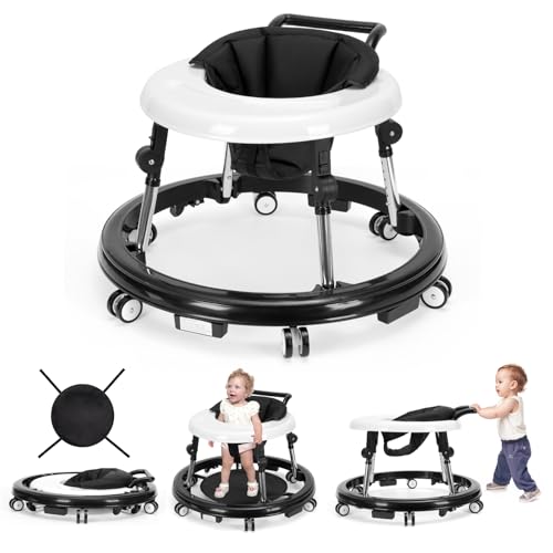 Baby Walker Foldable with 9 Adjustable Heights, Baby Walker with Wheels Portable, Infant Toddler Walker for Baby Boy Girls 6-18 Months (Black)