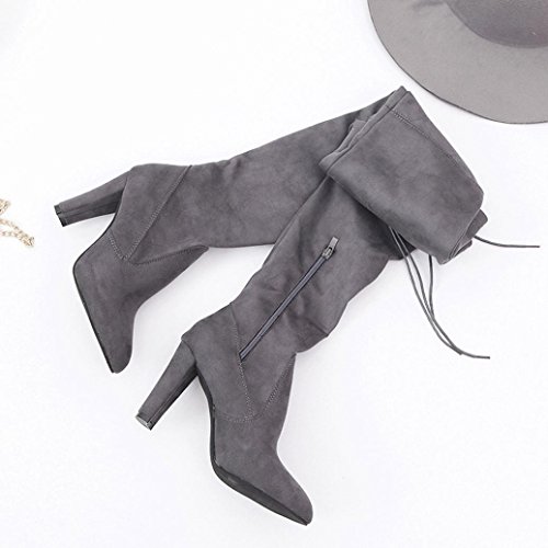 Tenworld Women's Faux Leather Thigh High Over The Knee Chunky Heel Long Boots (6.5, Gray)