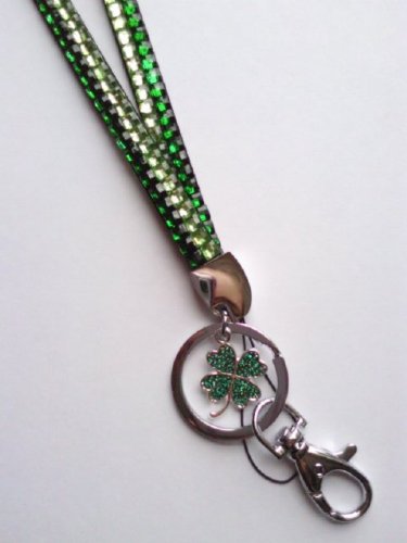 St. Patrick's Day Rhinestone Lanyard Two Tone Green Id Badge Holder w/ Clover Charm