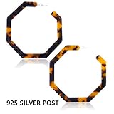 Enameljewelries Hoop Earrings Statement Acrylic Resin Round Circle Hoop Earrings with 925 Sterling Silver Post Bohemian Tortoise Shell Earrings for Women