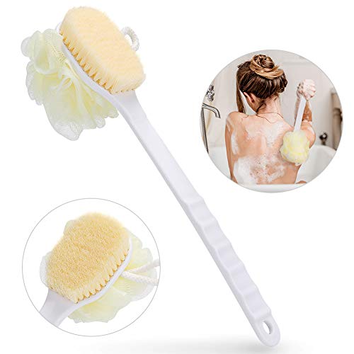 Bath Body Brush with Loofah and Bristles, Bosiwee Back Scrubber Shower Sponge Pouf for Dry Skin Brushing, Gentle Exfoliating with Long Handle