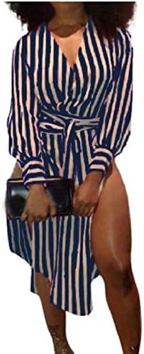 Babaseal Women's Casual Long Shirt V-Neck Long Sleeve Front Slit Striped Maxi Dresses
