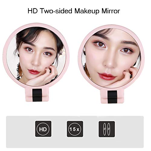 15x Magnifying Handheld Mirror,High Definition Magnified Mirror,Travel Folding Double Sided Pedestal Makeup Mirror,1/15x Magnification Compact Size Portable Vanity Standing Round Cosmetic Mirror(Pink) - Thumbnail 3