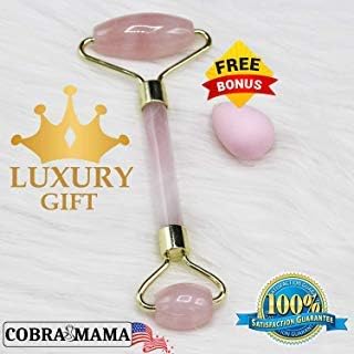 Authentic Luxury Rose Quartz Jade Roller For Face - Pink - 100% Natural Jade Stone From Himalayas - Massage Tool For Anti Aging, Wrinkles, and Puffiness by CobraMama