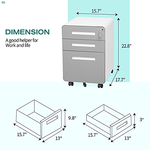 Greenvelly Gray 3 Drawer File on Wheels, Metal Locking Filing