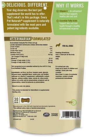 PET NATURALS SKIN AND COAT FOR DOGS, BITE-SIZED SOFT CHEWS, SALMON OIL AND OMEGA FATTY ACIDS, SOOTHE DRY AND ITCHY SKIN, NO CORN OR WHEAT, VET FORMULATED, VEGGIE FLAVOR, 30 COUNT