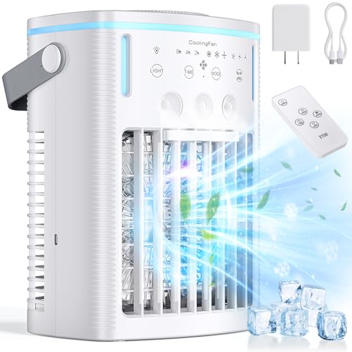 Portable Air Conditioners, New 4-in-1 Ultra-Quiet Portable AC Unit, 1000ML Water Tank Evaporative Air Cooler with 3-Cool Mist & 3-Speeds, Remote Control, 7 Color Light, 8H Timer for Bedroom,Office,Car