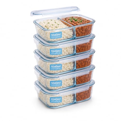 Kit com 5 Marmitas de Vidro com Divisória 1040ml - Potes Herméticos com Tampa e 2 Compartimentos - Ideal para Meal Prep Fitness - Vai ao Microondas, Forno e Freezer