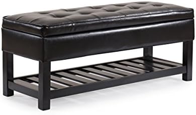 JOYVEN Tufted PU Leather Storage Ottoman Bench with Slat Bottom Storage Area (Black)