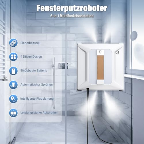 Ehomfory Window Cleaning Robot with Remote Control, 6000 PA Strong Suction Power, Automatic Water Jet with 100 ml Tank, Intelligent Route Planning, Edge Detection, Suitable for All Smooth Surfaces