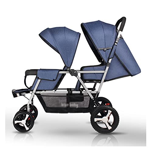 SHQ Twin Baby Stroller, one Button retraction Lightweight, Foldable Sitting and Reclining Double Strollers for Two Children Stroller Pram (Color : Denim Blue+Silver Tube)