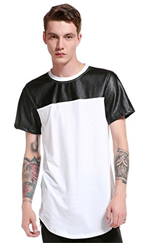 Mica Men's Pullover Short Sleeve Casual Curve Bottom Pure Color Spell Leather Personality T-Shirt A033-White-M