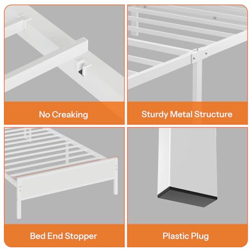 HOOBRO Twin Bed Frame, Metal Platform Bed Frame with Storage Headboard, Bed Frame with Charging Station and LED Light, White WW13UDBF01