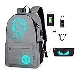 Anime Anti-Theft Backpack, Luminous School Bag, Waterproof Laptop Backpack with USB Charging Port, Unisex 15.6 Inch College Daypack, Grey