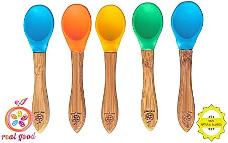 Baby Feeding Spoons Set (5 Pack) - Gum-Friendly First Stage Bamboo Weaning Spoons with Soft Silicone Tips for Babies - BPA, Phthalate, Plastic &amp; Lead Free - Great Infant Gift