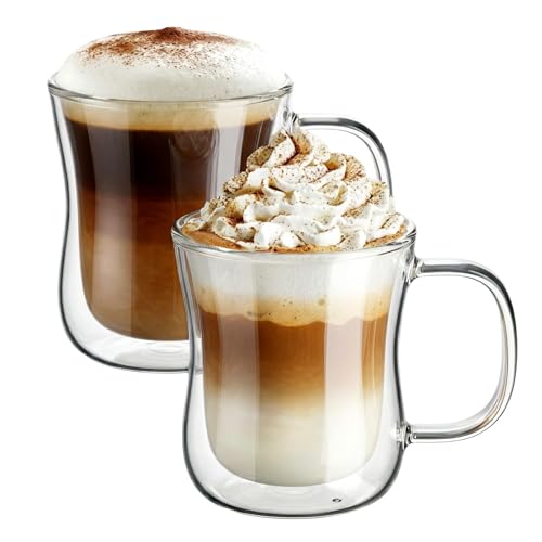 ecooe 2x350ml Double Walled Coffee Glasses Mugs Cappuccino Latte Macchiato Glasses Cups with Handle Borosilicate Heat Resistant Glass Cups for Coffee Tea Milk Juice Ice Cream