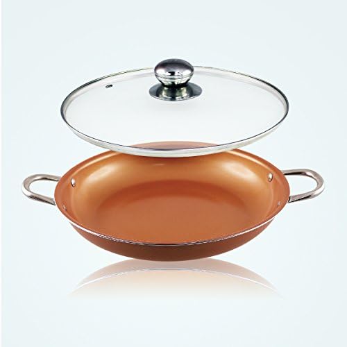 Nonstick Copper Ceramic Coating Dishwasher Safe Oven Safe PFOA-Free Jumbo Wok Cookware 14"inch Wok Set FRY Pan with Glass Lid