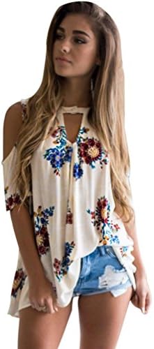 TAORE 2017 Women's Floral Print V Neck Cut Out Shoulder Loose Beach Casual T Shirt Blouse (L, White)