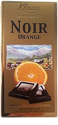 Klaus Pure Cacao Chocolate Bar 3.2oz NOIR (Dark Chocolate Orange, 2 Packs)