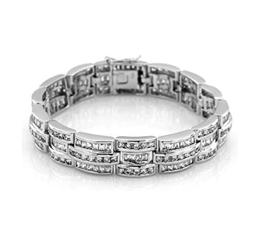 Men's Sterling Silver .925 Bracelet with 244 Fancy Baguette and Elegant Round Cubic Zirconia (CZ) Stones, all Channel set, Box Lock, Platinum Plated 8" 9"