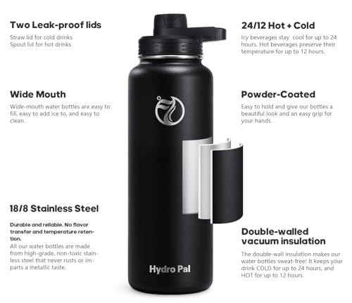 HydroPal Vacuum Insulated Water Bottle 750ml Stainless Steel, BPA Free, Leakproof, 12H Hot 24H Cold, with Straw & Spout Lids for Gym